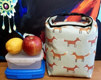 FOX Lunchbag/ Wetbag variabel mit Henkel, lebensmittelecht, Füchse, Picknick Kulturbeutel, Wachstuch Tasche, Snackbag, Lenkertasche, Öko Tex