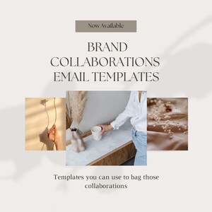 May include: A digital marketing graphic with the text "Brand Collaborations Email Templates" and the tagline "Templates you can use to bag those collaborations". The graphic features three images of dried flowers and a hand holding a single flower.