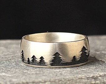 Forest Landscape Wedding Band, 925 Sterling Silver Band Ring, Handmade Silver Ring, Promise Ring , Handmade Pattern Silver Ring