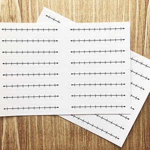 May include: A sheet of white paper with multiple black number lines printed on it. The number lines are divided into equal segments with tick marks. The number lines are designed for use in math education.