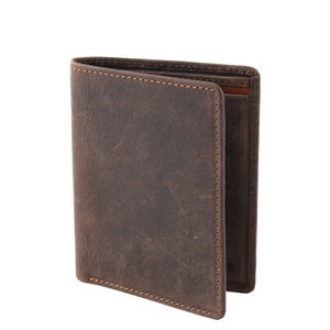 Cartera de piel marrón para hombre – Delgada, vintage, plegable verticalmente – Bloqueo RFID, capacidad para 10 tarjetas. Personalizable.