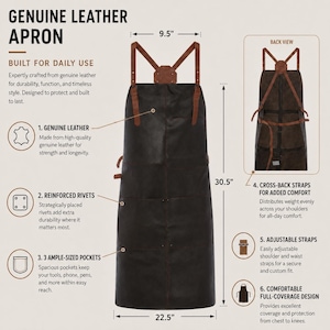 May include: A black genuine leather apron with brown cross-back straps. The apron is 30.5 inches long and 22.5 inches wide, with a 9.5-inch top. Features include reinforced rivets, ample pockets, and adjustable straps. The text reads "GENUINE LEATHER APRON".