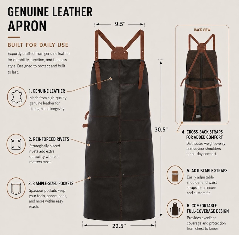 May include: A black genuine leather apron with brown cross-back straps. The apron is 30.5 inches long and 22.5 inches wide, with a 9.5-inch top. Features include reinforced rivets, ample pockets, and adjustable straps. The text reads "GENUINE LEATHER APRON".