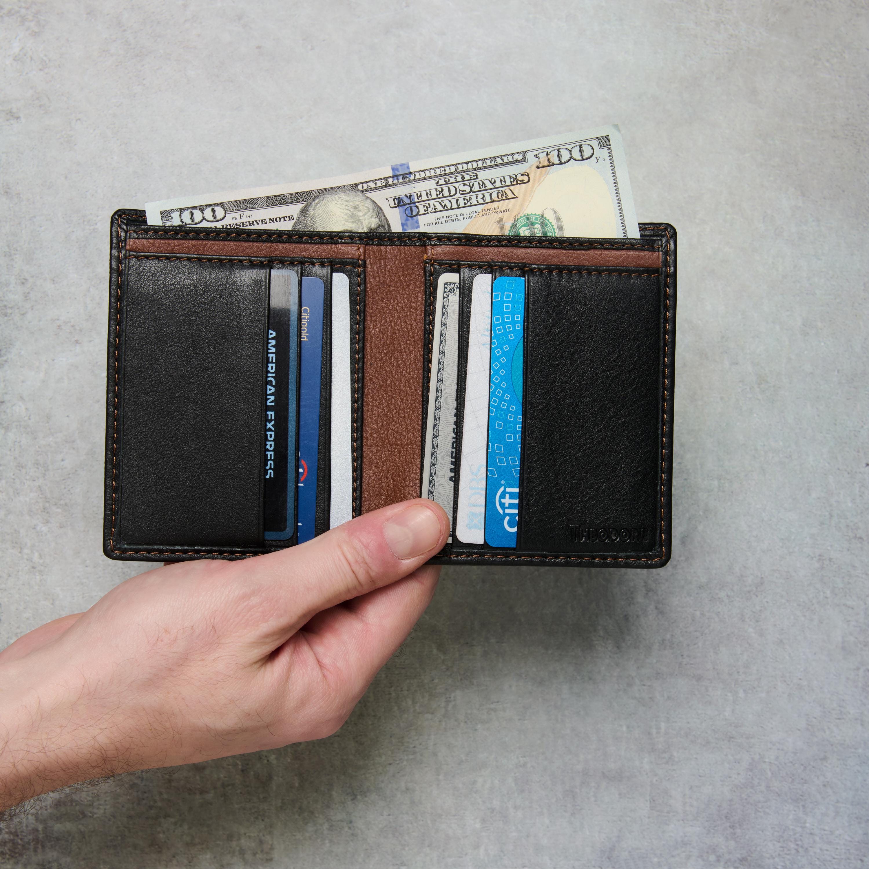 Black Leather Bifold Wallet for Men, Slim RFID Blocking, Front