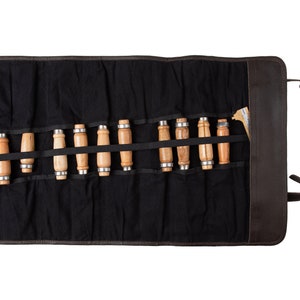 Theodore Leather Tool Roll Organizer with 18 slots. Rollup Tool Bag for Hand or Woodwork Tools with Carry Handle for Portable Storage