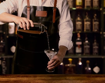 Personalizable Black Leather Apron with Brown Cross-Back Straps