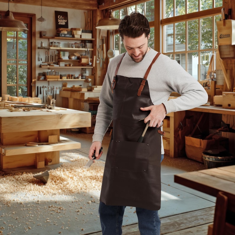 May include: A dark brown leather apron with brown leather straps and pockets. The apron is being worn in a wood workshop. A person is holding a knife and a tool is in the pocket.