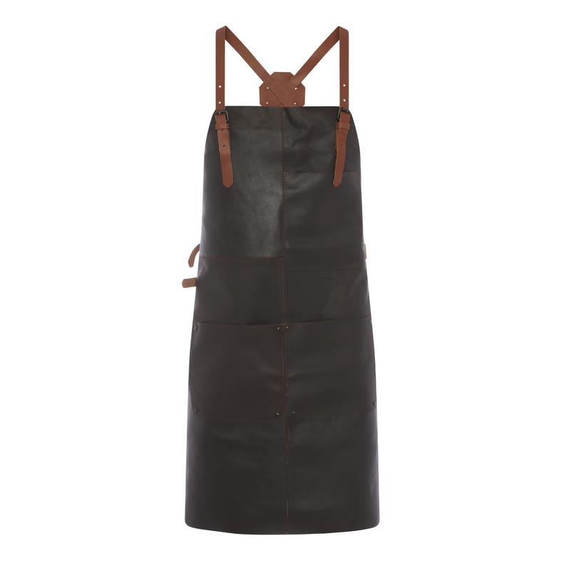 May include: A black leather apron with brown leather straps and accents. The apron has two front pockets and a leather neck piece. The straps are adjustable with buckles. This apron is designed for kitchen or workshop use.