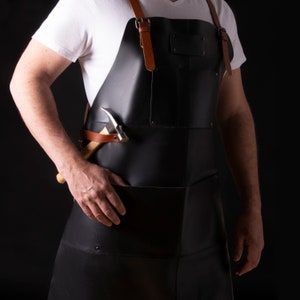 Professional Black Leather Apron – Durable, Comfortable - with Cross-Back Straps, 4 Pockets. Grilling, Welding, Woodworking. Personalization