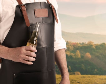 Theodore Black Leather Apron with cross-back straps for comfort. Ideal for Grilling, Welding, Woodwork or Barista. Four Pockets . Size XL