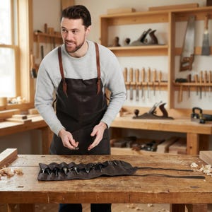 May include: A dark brown leather apron with brown leather straps. A rolled-up tool roll with various tools is on a wooden workbench. The tools are black and silver. The background shows a workshop with tools.