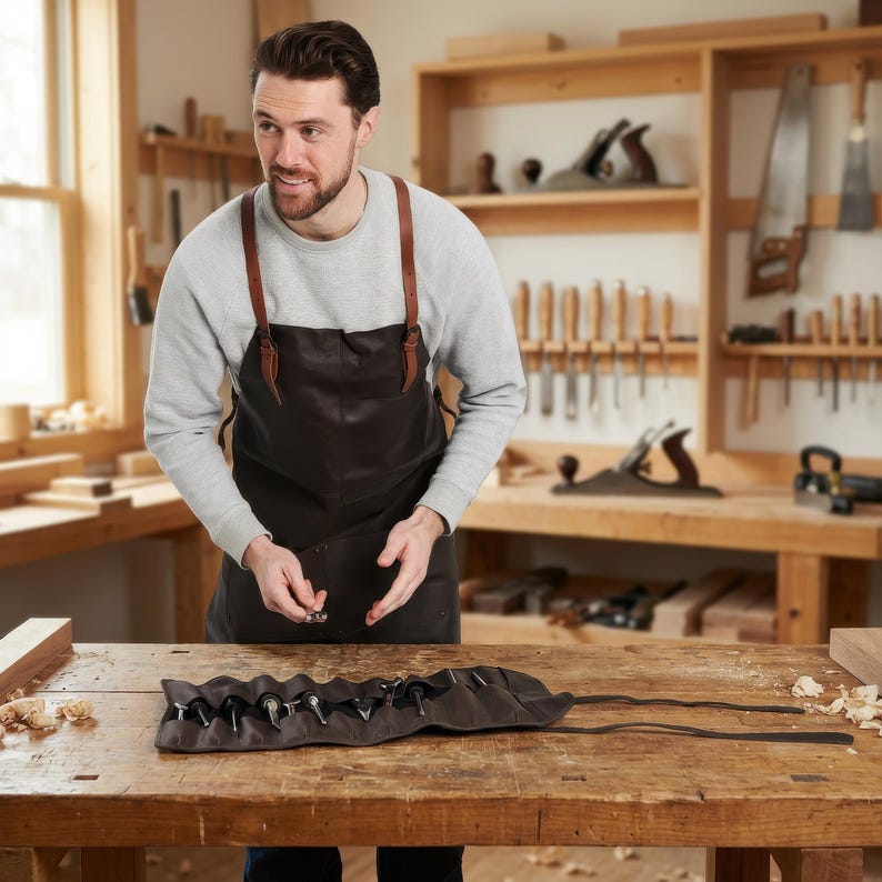 May include: A dark brown leather apron with brown leather straps. A rolled-up tool roll with various tools is on a wooden workbench. The tools are black and silver. The background shows a workshop with tools.