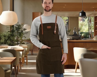 Waxed Canvas Work Apron with Leather Cross-Back Straps for BBQ Woodworking Barista Workshop