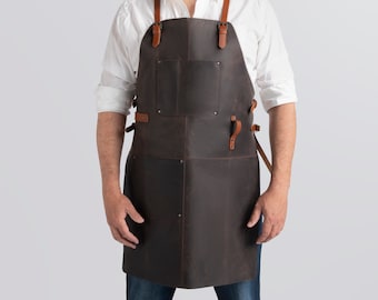 Top Grain Leather Apron - Crossback with Adjustable Straps, 2 Large Pockets, Brown Dual Tone. Use as Bartender, Grilling or Woodwork Apron