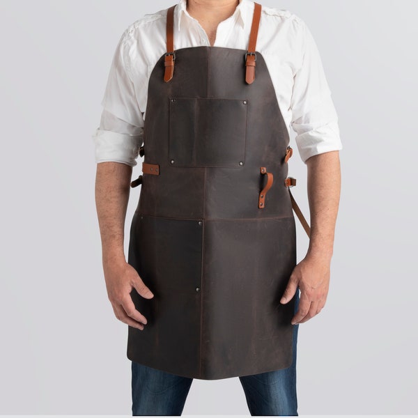 Top Leder Schürze - Crossback mit verstellbaren Trägern, 2 große Taschen, Braun Zweifarbig. Verwendung als Barkeeper-, Grill- oder Holzschürze