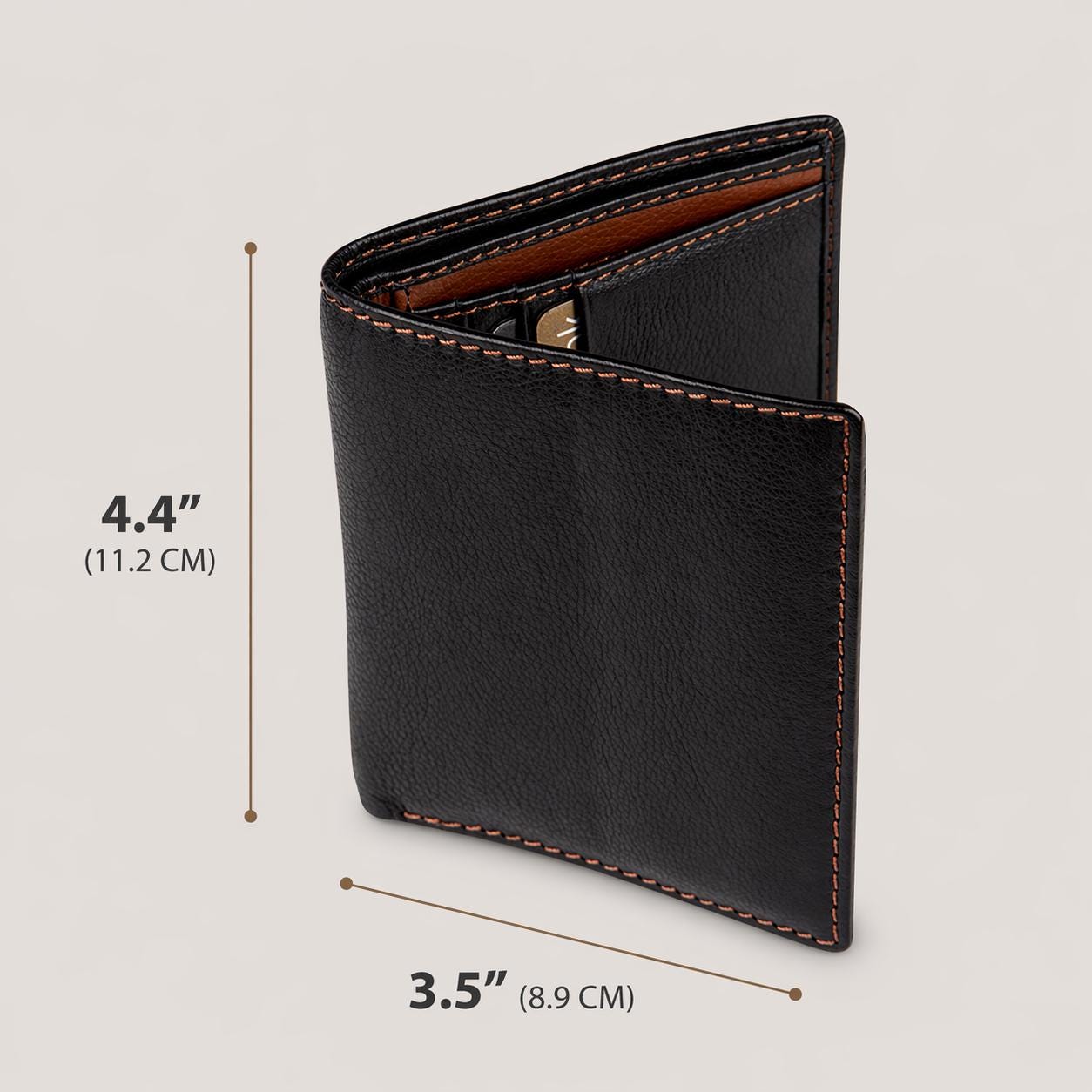 Black Leather Bifold Wallet for Men, Slim RFID Blocking, Front