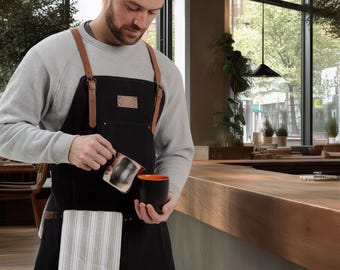 Waxed Canvas Cross-Back Apron, Leather Straps, Work, Chef, Grill, Barista Tool
