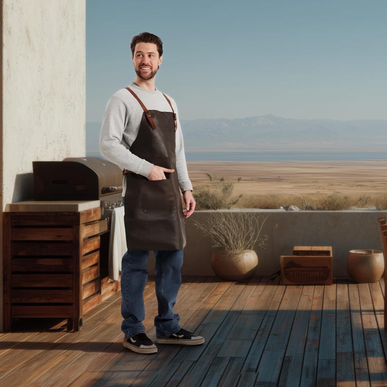 May include: A brown leather apron with brown leather straps. The apron has a large front pocket and is worn by a person. The person is wearing a gray long-sleeve shirt and blue jeans. The background includes a grill and a scenic view of a desert landscape.