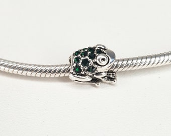 Frog With Green Crystals Charm Pendant for Bracelet Gift Present S925 Silver