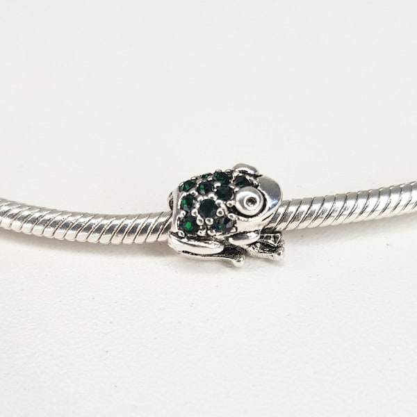 Frog With Green Crystals Charm Pendant for Bracelet Gift Present S925 Silver