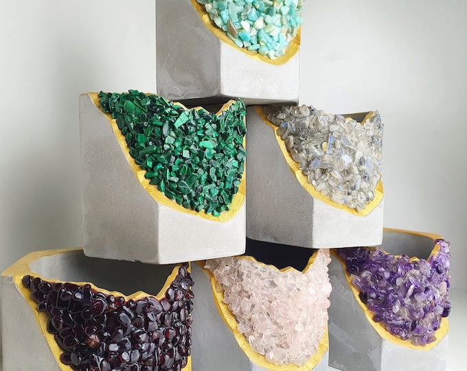 Crystal Geode Plant Pot: Stone Inlay Concrete Planter (10cm)