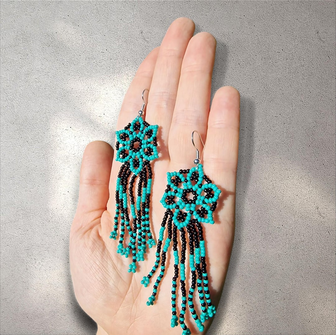 Blue Flower Seed Bead Boho Tassel Fringe Earrings – Long Dangle ...