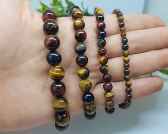 Multicolor Tiger Eye Beaded Bracelet: Natural Stone Crystal, Custom Size