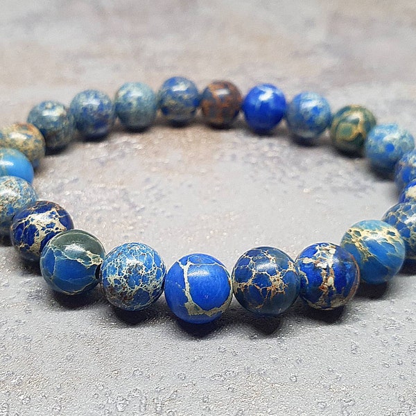 Blue Sediment Royal Jasper Turquoise Natural Stone Bracelet 8mm, Energy Unisex Bracelet, Healing Gemstone Crystals