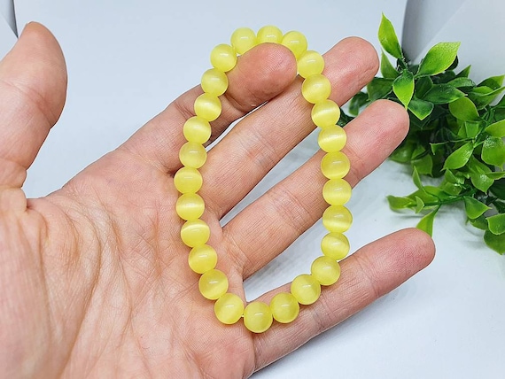 Yellow Cat Eye Natural Stone Bracelet 8mm, Energy Unisex Bracelet, Gemstone Crystals