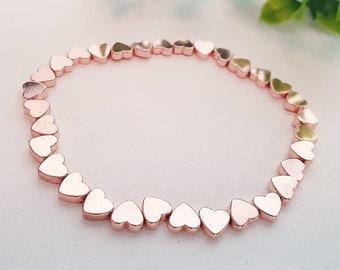Rose Gold Heart Hematite Natural Stone Bracelet 6mm, Energy Unisex Bracelet, Healing Gemstone Crystals