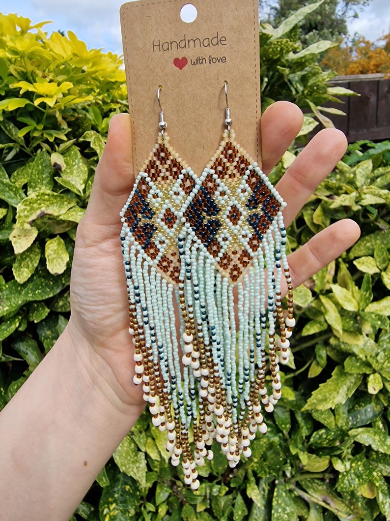 Light Blue Seed Bead Boho Tassel Fringe Earrings – Long Dangle Handmade ...