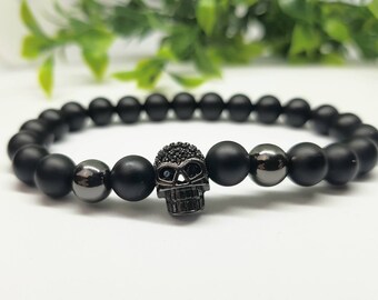 Gothic Skull Handmade Bracelet for Men Natural Gemstone Polished Black Onyx 10mm Gothic Skull Handmade Bracelet for Men Natural Gemstone Polished Black Onyx 10mm