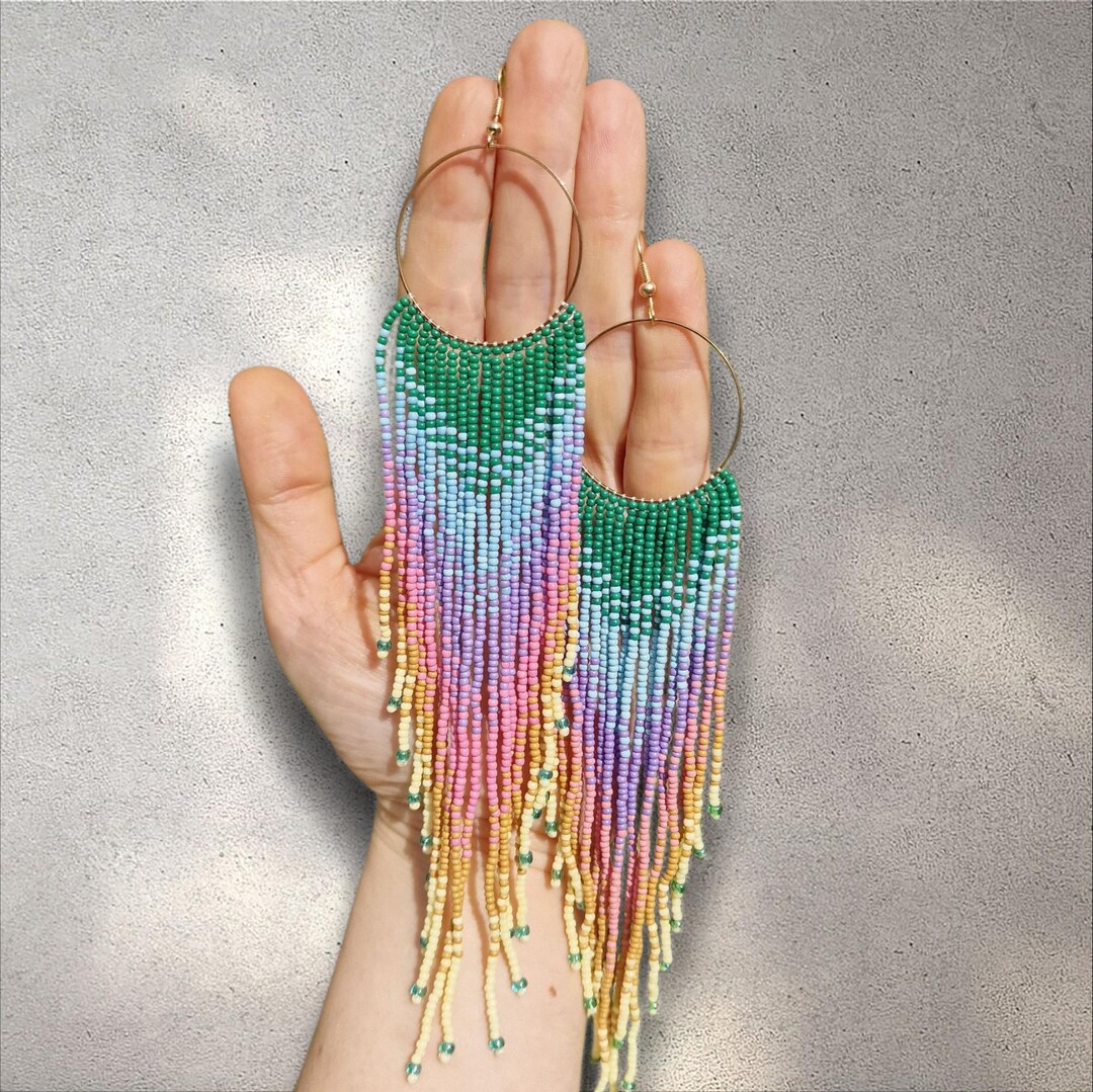Colourfull Seed Bead Boho Tassel Fringe Earrings – Long Dangle Handmade ...
