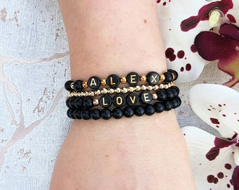 Black Agate Matte Onyx Friendship Bracelet With 14k Gold Plated Spacers, Custom Personalized, Any Name Word or Message, Natural Stone