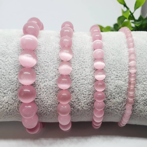 Pink Cat Eye Bracelet Custom size With Natural Stone Crystal Beaded Bracelet 12mm 10mm 8mm 6mm 4mm