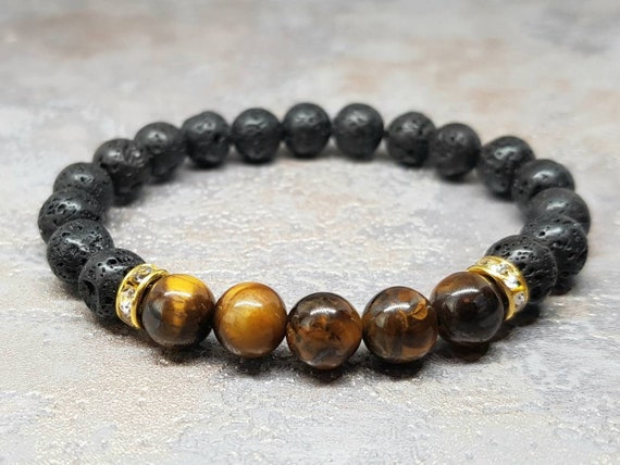 Tiger Eye & Black Lava Stone Bracelet: Unisex Energy Gemstone