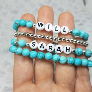 Turquoise Blue Bead Bracelet, Custom Personalized, Any Name Word or Message on Natural Beaded Bracelet