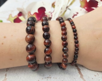 Red Tiger Eye Beaded Bracelet: Natural Stone Crystal, Custom Size