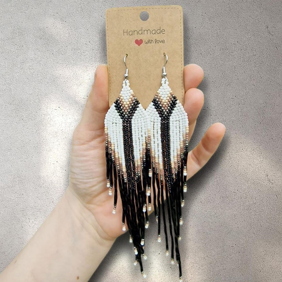 Black White Brown Seed Bead Boho Tassel Fringe Earrings – Long Dangle ...