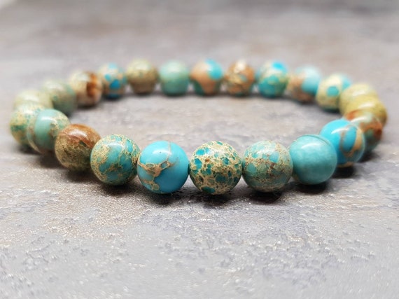 Bracelet En Pierre Jaspe Impérial Turquoise - Fait Main, Sur Mesure Homme Femme Enfant, Sans Fermoir