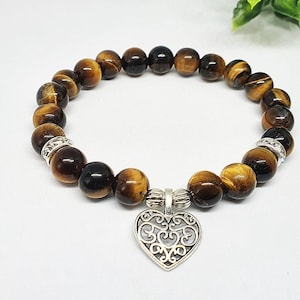 Tiger Eye Beaded Bracelet with Love Heart Charm