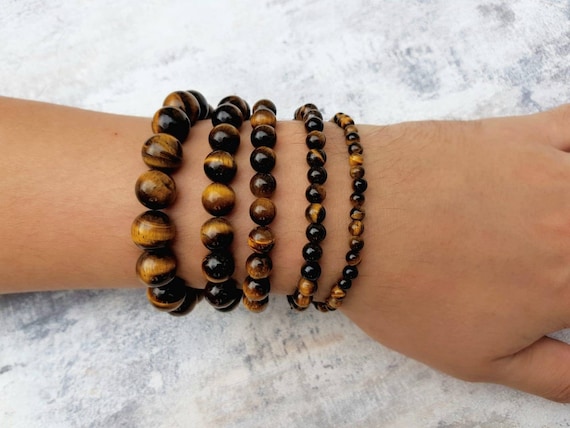 Initial Beaded Bracelets for Men Boys, 8mm Natural Stone Tiger Eye