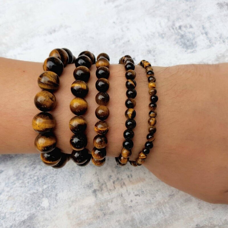 Wholesale Lot 6 Natural Tiger Eye Stretch Bracelets - 8mm Beads, 7.5" Crystal