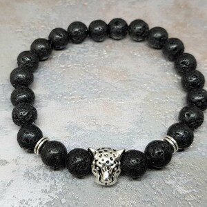 Anpassat svart lavastenarmband, leopardberlock, energi unisexarmband, ädelstensdiffusor