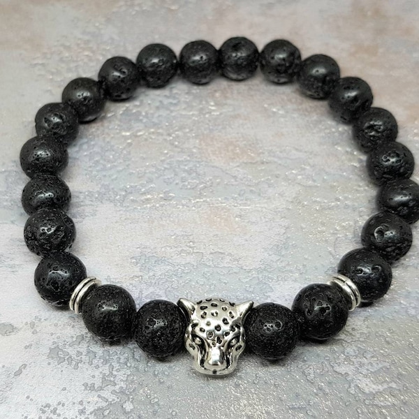 Custom Black Lava Stone Bracelet, Leopard Charm, Energy Unisex Bracelet, Gemstone Diffuser
