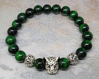 Custom Green Tiger Eye Stone Bracelet, Leopard Charm, Energy Unisex Bracelet, Gemstone
