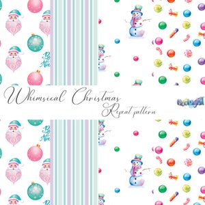 Può includere: Un fantasioso motivo ripetuto natalizio con Babbo Natale, ornamenti e pupazzi di neve. Il design include strisce e caramelle sparse in una varietà di colori, con il testo "Whimsical Christmas Repeat pattern".