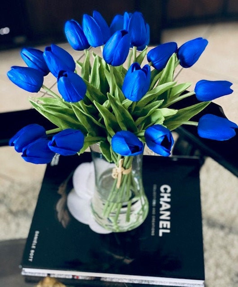 Artificial flower Arrangement Blue Tulips Centerpiece Real