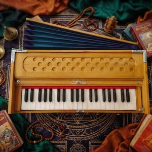 May include: A wooden harmonium musical instrument with a light brown finish, featuring a keyboard with white and black keys, a bellows section with blue folds, and a metal nameplate reading "Sona Special" centred above the keyboard.