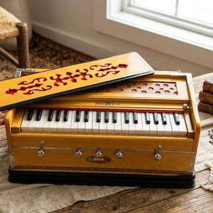 May include: A wooden harmonium with a keyboard and a decorative top. The instrument is light brown with black and silver accents. A stack of books and a mug with flowers are nearby.